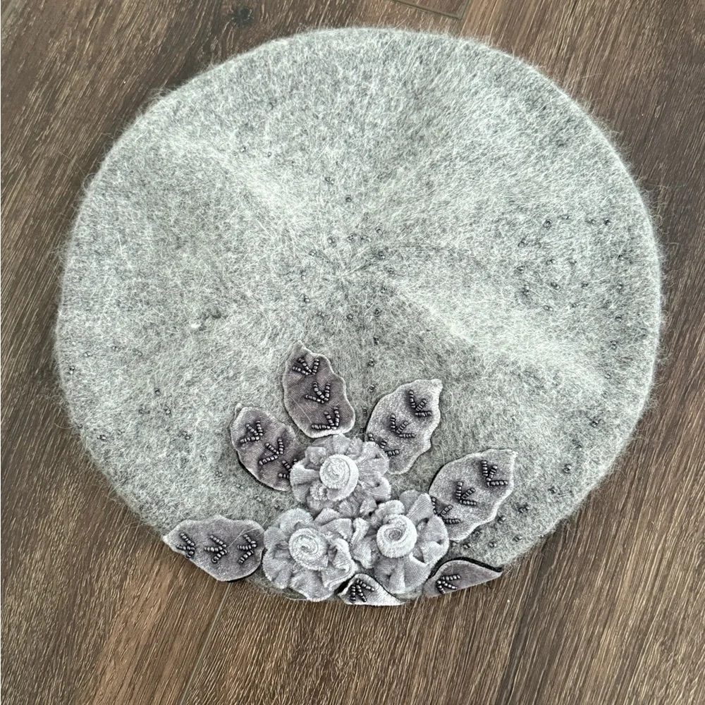 C.C Exclusives Gray Angora Wool Beret Floral Beaded Detail